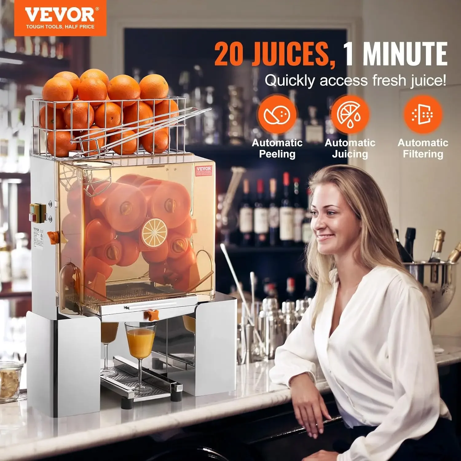 Commercial Orange Juicer Machine, 120W Automatic Juice Extractor, Stainless Steel Orange Squeezer for 20 Oranges Per Minute