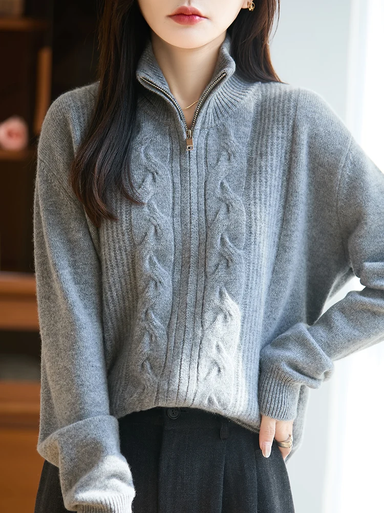 

Women Mock-neck Zipper Cardigan Wool Twist Knitting Sweater Coat Spring Autumn Winter Long Sleeve 100% Merino Wool Knitwear Tops