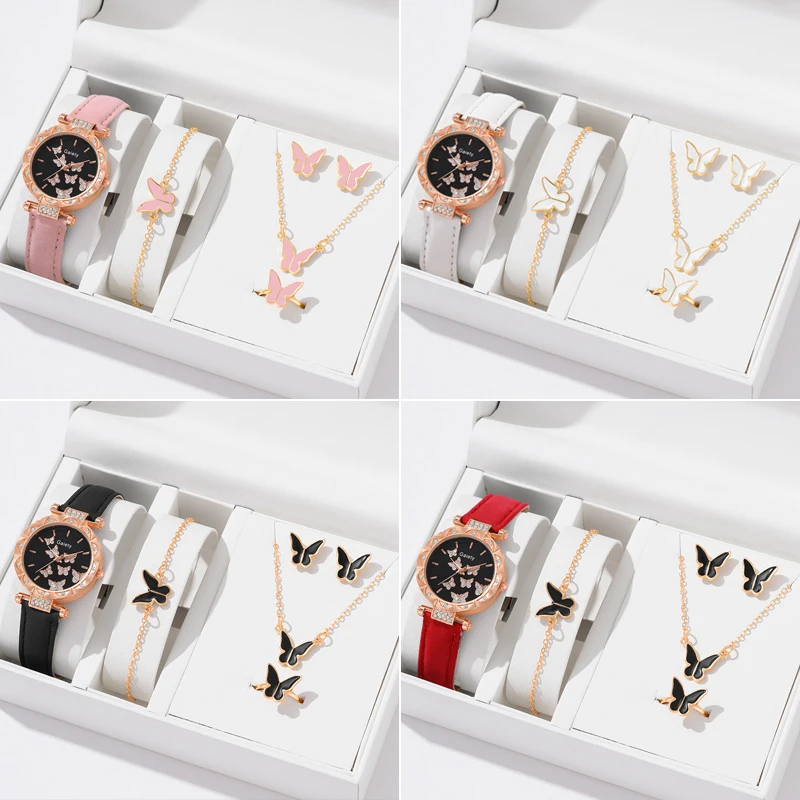 

6 шт. комплект, женские часы, кольцо, ожерелье, серьги, браслет, часы, кожаный ремешок с бабочкой, женские кварцевые наручные часы (без коробки)