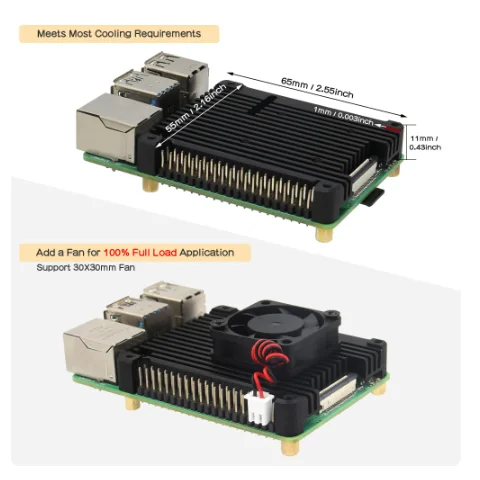 Ahududu Pi 4/4B radiator cooler thermal assisted with POE and cooling fans (P165-B)