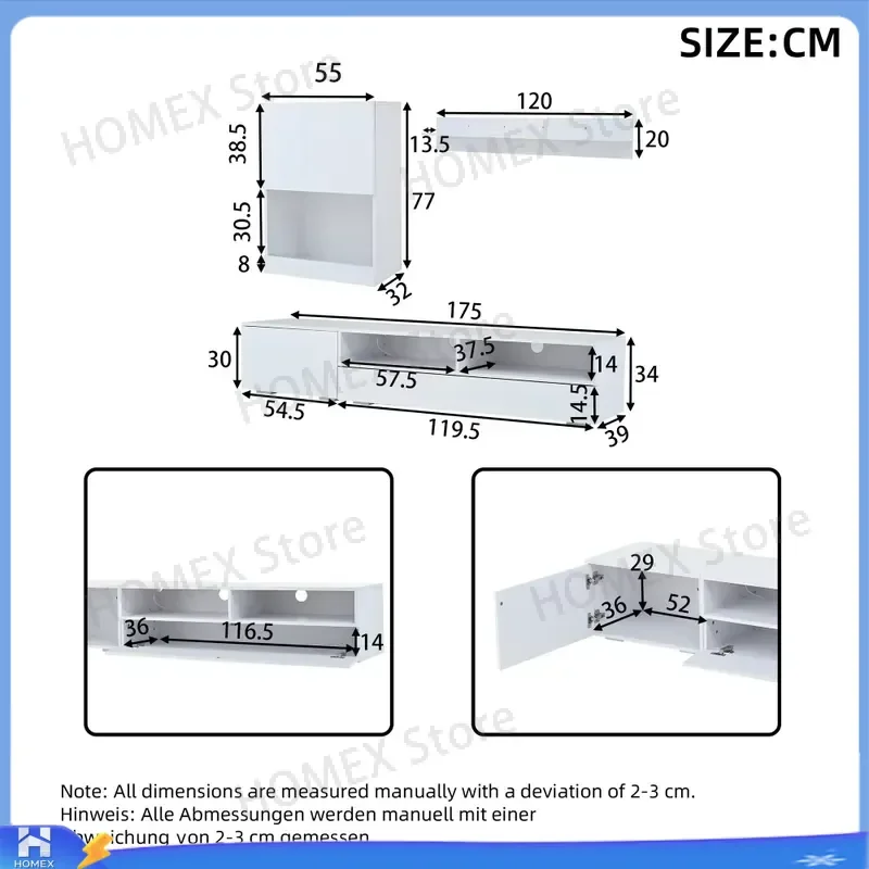 3 Piece TV Wall Unit Set High Gloss White Entertainment Center with LED Lights Display Cabinet Wall Shelf for 80 Inch TV