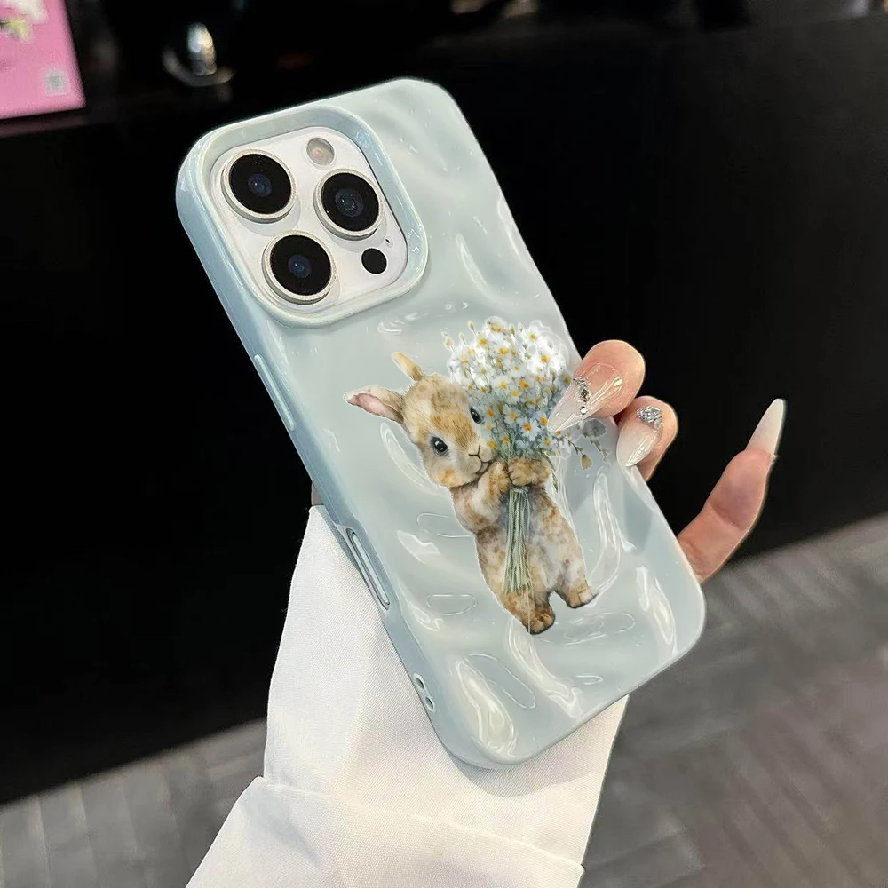 Niedliches Kaninchen mit Blumen Handyhülle für iPhone 17 16 15 14 13 12 11 Pro Max 14 Plus 17Air Falten-Wellen Weiche Silikonhülle – Detail 2