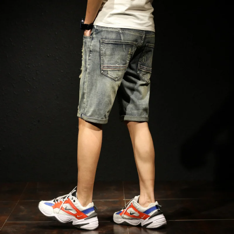 

JXN821 Summer retro broken holes denim shorts men tide loose five trousers straight Slim