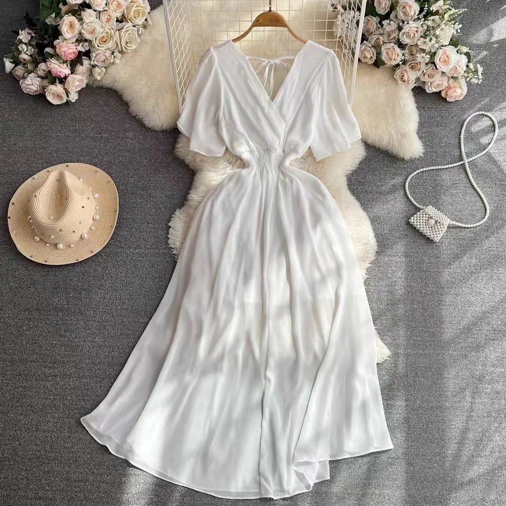 

White Dress Women Long Dresses A Line Vestidos Beach Tight Waist Slim Party V Neck Short Sleeve Elegant Y2k Summer 2025 Night