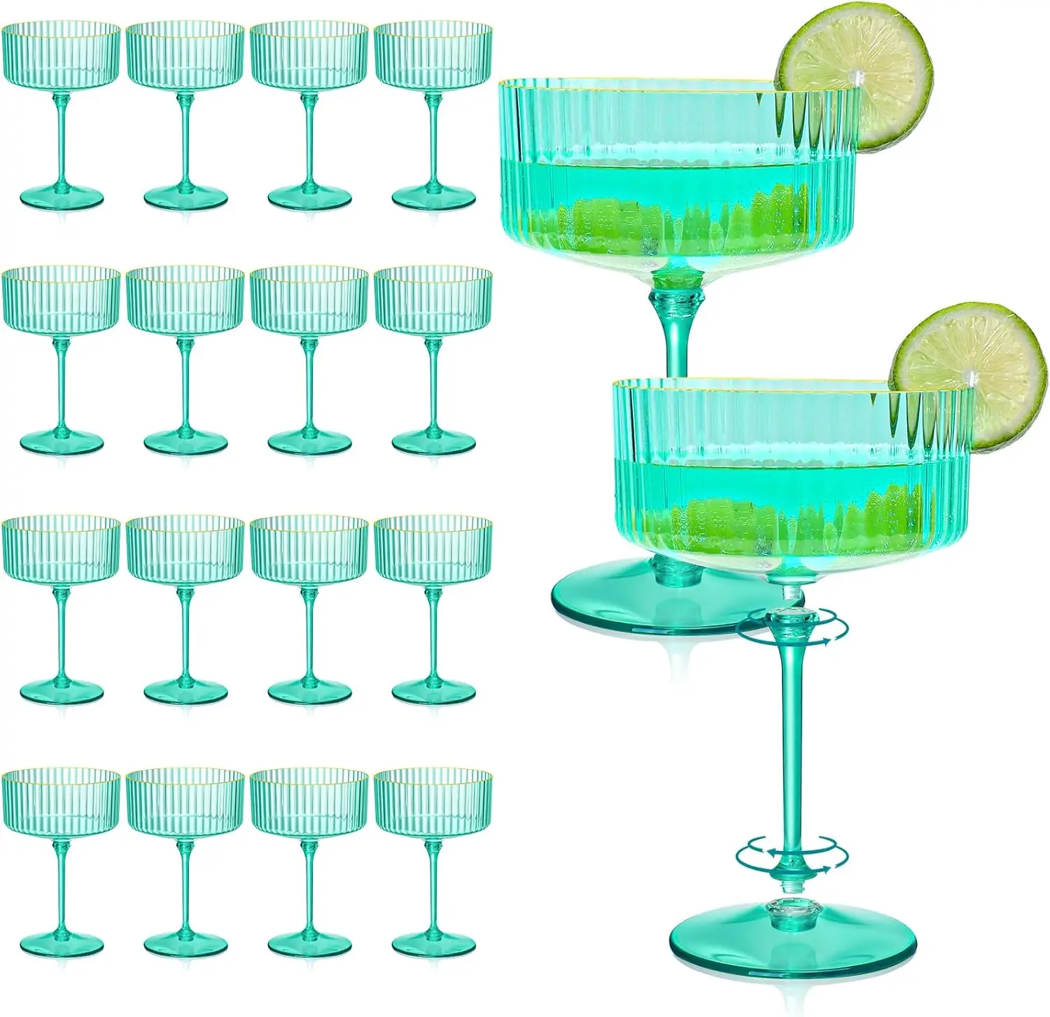 

24-компонентные бирюзовые пластиковые бокалы для шампанского и мартини со съемной золотой оправой, небьющиеся и портативные для вечеринок