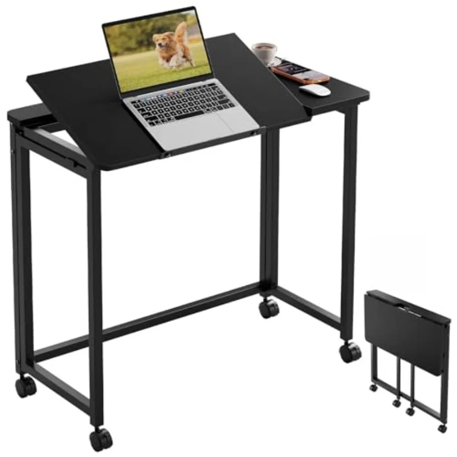 Folding Desk with Wheels 31.5 Inch Adjustable Tilt Drafting Table Portable Rolling Foldable Desk for Small Space Home Office Dr