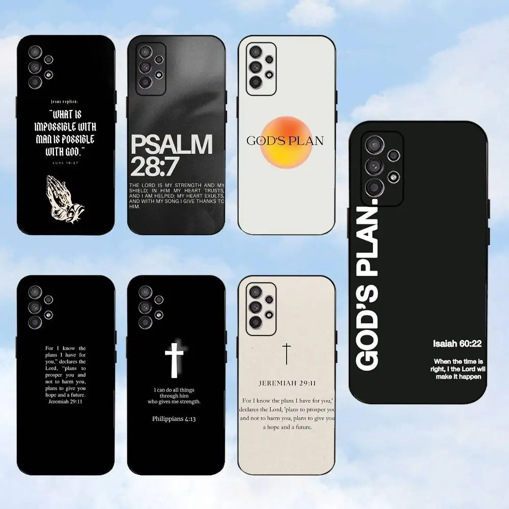 神の計画 イエス 聖書の言葉 電話ケース サムスン S25、S24、S23、S22、S21、S20、S10、ウルトラ、プラス、ライト、FE、ソフトシリコンブラックカバー用