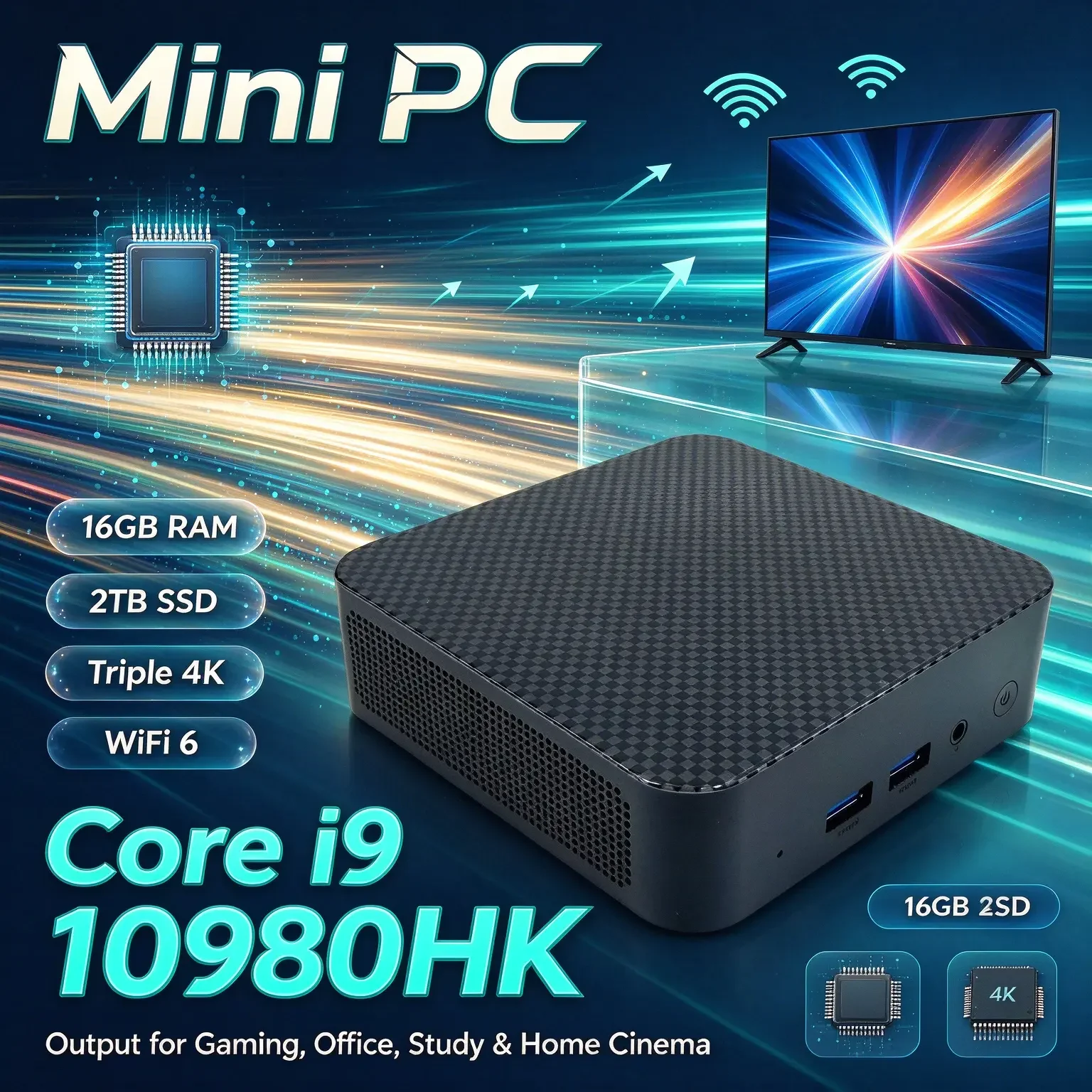 미니 PC, 인텔 코어 i9 10980HK, 2026년형, 16GB RAM, 1TB/2TB SSD, 트리플 4K 출력, Wi-Fi 6, 저소음 쿨링, 사무용/가정용 데스크톱 컴퓨터