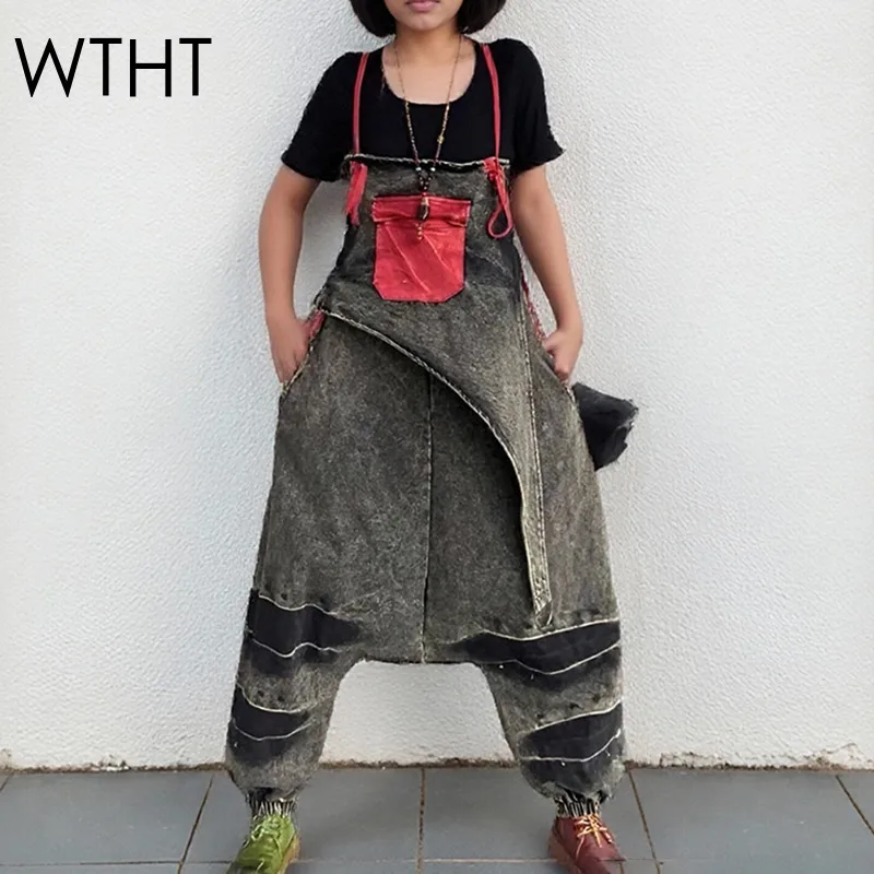 

WTHT Trendy Women's Patchwork Contrast Color Denim Rompers 2025 Summer Fashion Loose Jumpsuits Female 1LS2141
