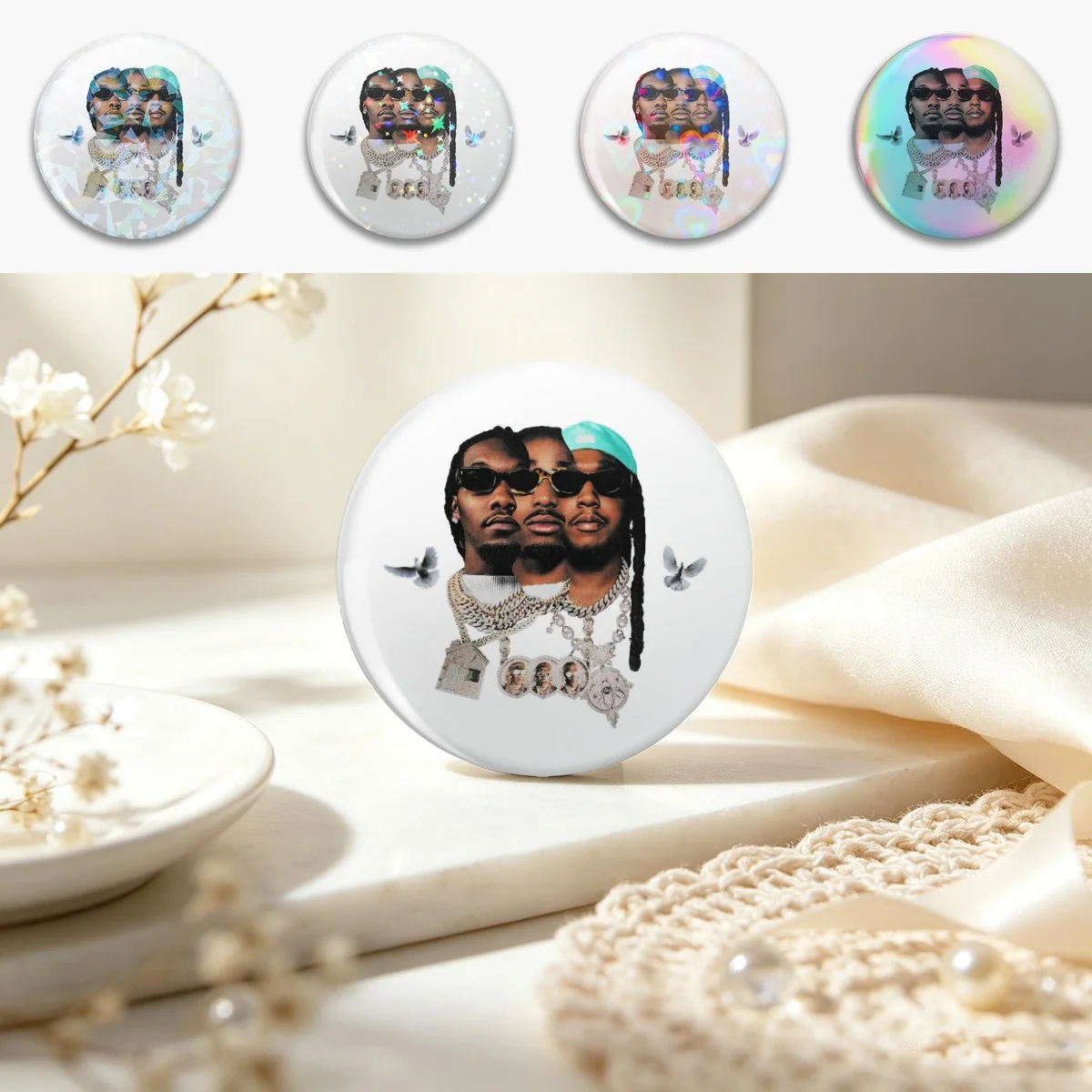 Migos forever Pin Holographic Star Heart Pin Brooches Laminated Button Fashion Accessory