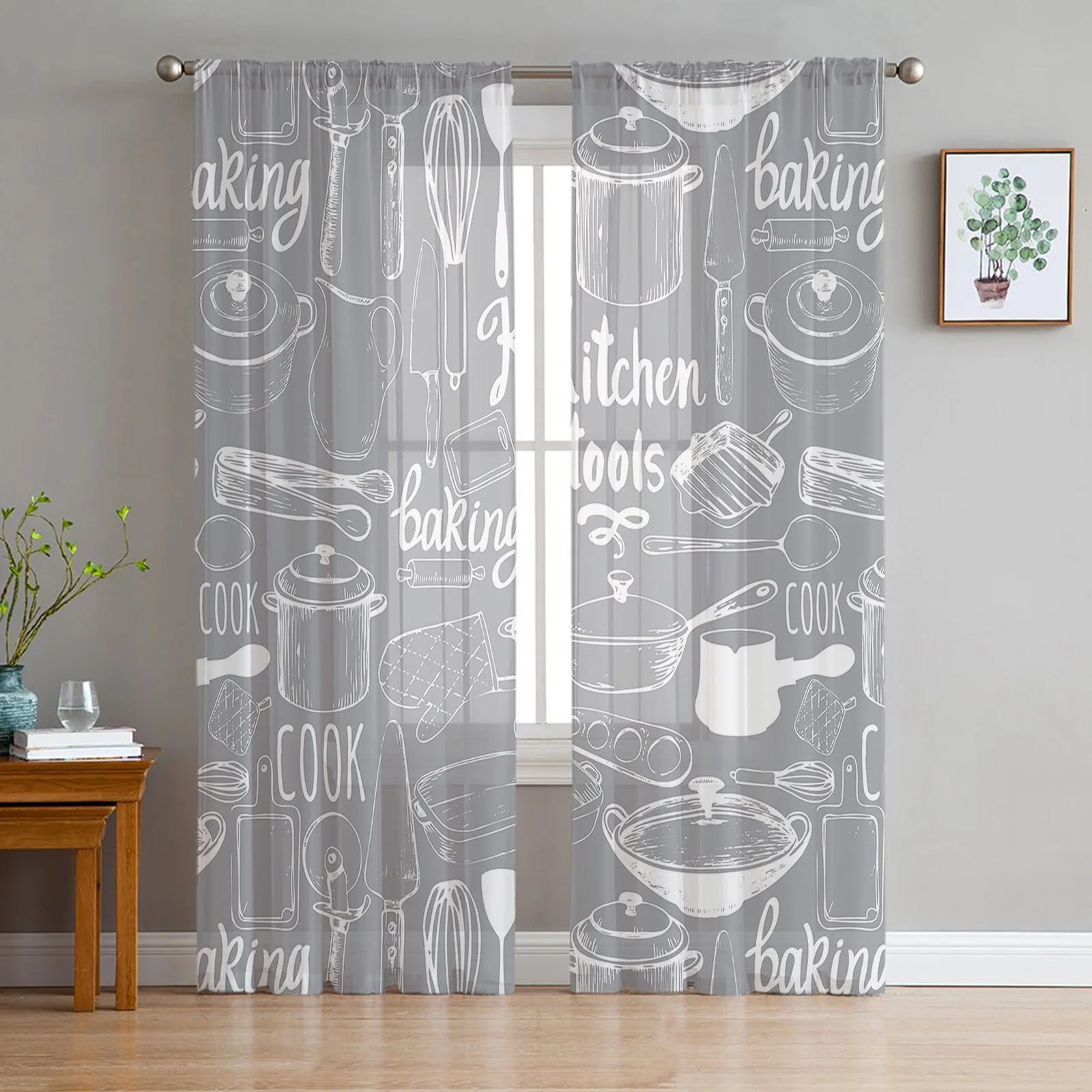 Grey Fork Spoon Kitchen Retro Sheer Curtains for Living Room Decoration Window Curtain Kitchen Tulle Voile Organza Drapes