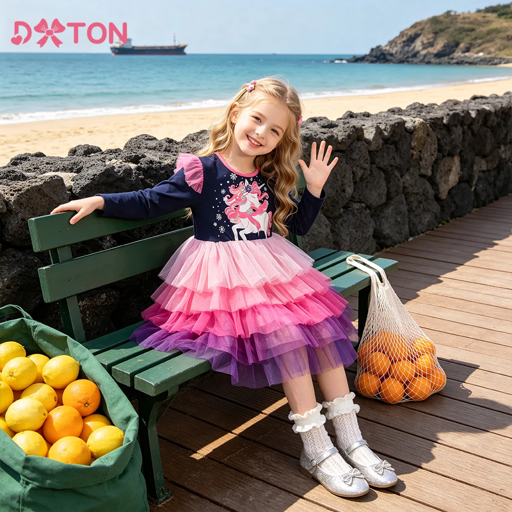 DXTON Cartoon Kids Dresses Ruffled Long Sleeve Toddler Dress For Girls Unicorn Five Layer Mesh Baby Princess Dress Vestidos 12Y