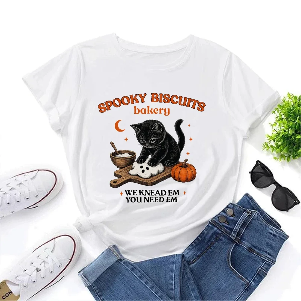 Spooky Biscuits Kneading Bakery Food Graphic T-Shirt Cute Cat Women Graphic Tops Halloween Cat Cooking Tee Female Clothing