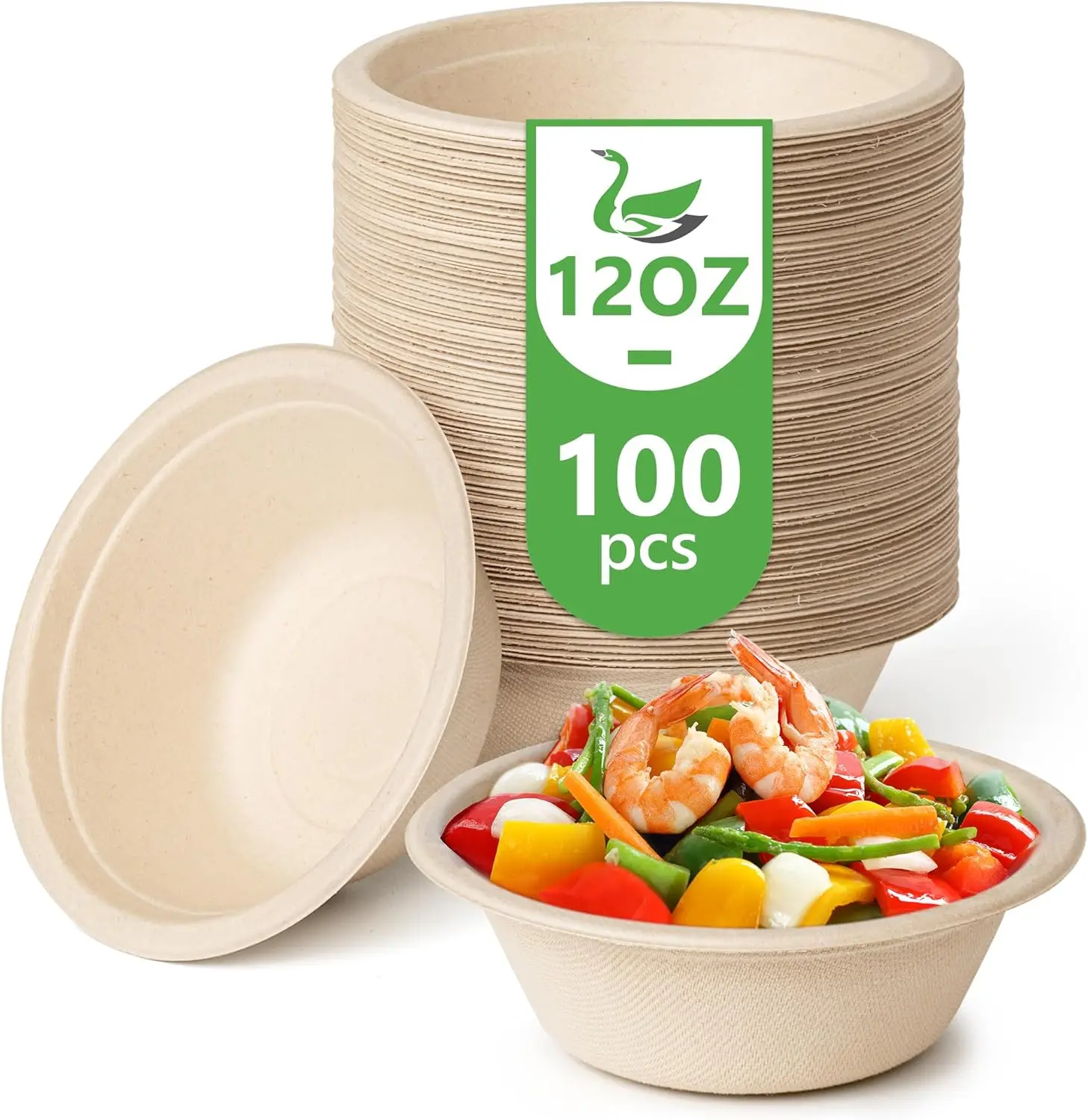 Tazones de Papel Desechables de 12 Oz, Paquete de 100 - Compostables, Biodegradables, Ecológicos para Ensaladas, Sopas, Pasta