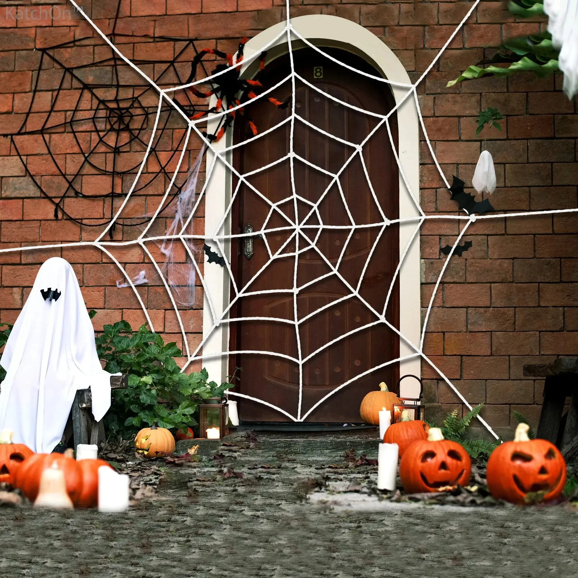 Halloween-Riesenspinnennetz, großes kreisförmiges schwarz-weißes Horror-Spinnennetz, verwendet für die Heimdekoration im Innenhof – Detail 5
