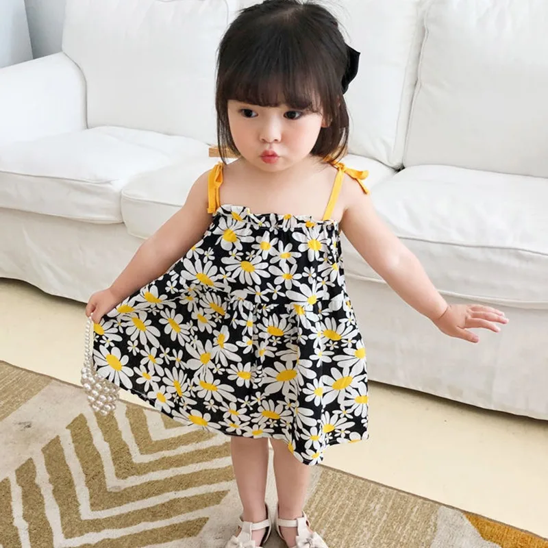 Summer New Girls Sling Dress Korean Fashion Children Cute Bow Princess Slip Dress Fashion Floral Ruffly Casual Beach Dress