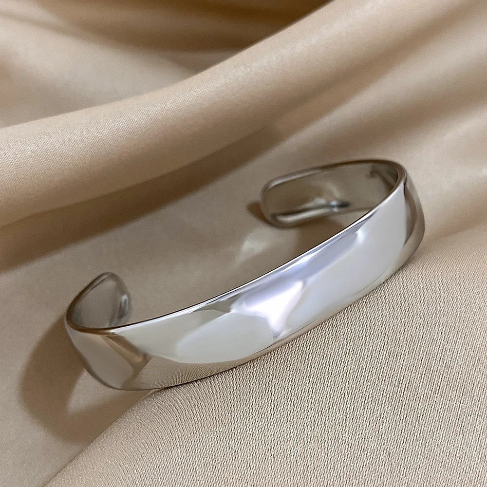 Minimalist Glossy Curved Open Bangle Stainless Steel Bracelets for Women Men Gold Color Cuff Waterproof Stackable Simple Jewelry
