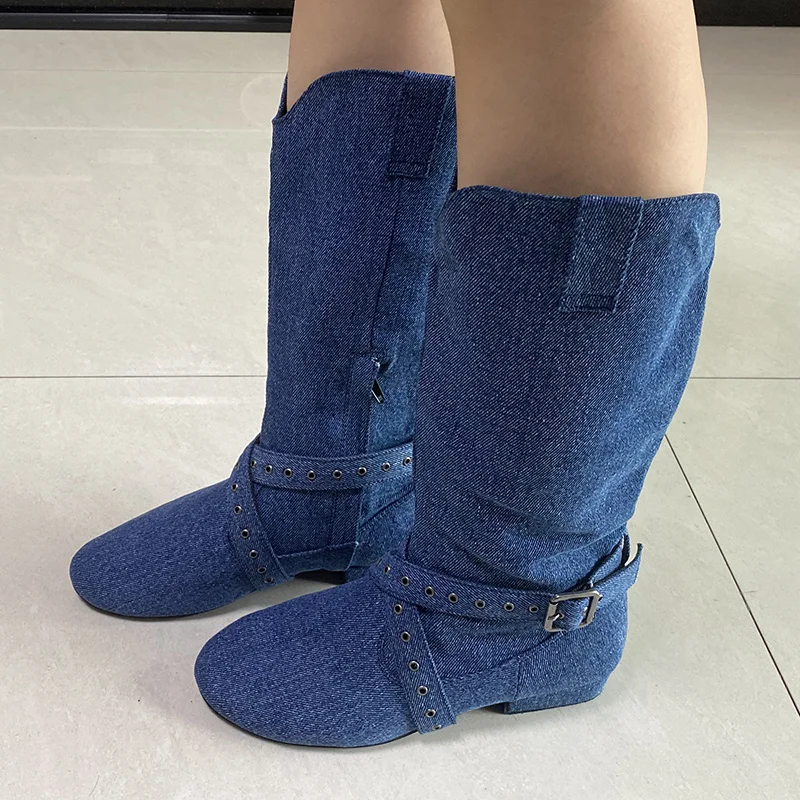 Venus leurre personnalisé bleu Denim ligne danse bottes occidentales semelle en daim 2CM danse pays bottes de danse chaussures avec fermeture éclair