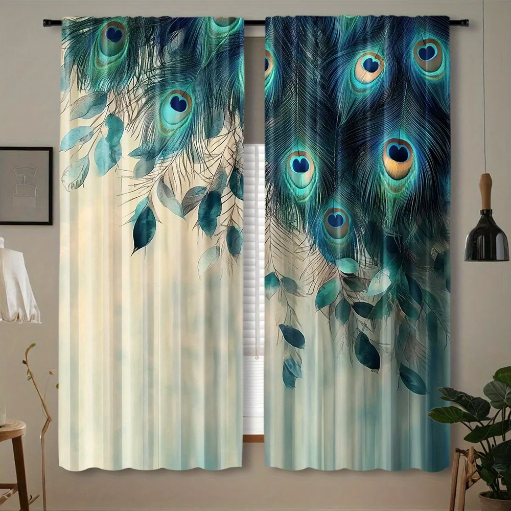 Luxury Peacock Feather Blackout Rod Pocket Curtain Teal Leaf Gradient Decor Light Style Homestay Leisure Rest Bay Window