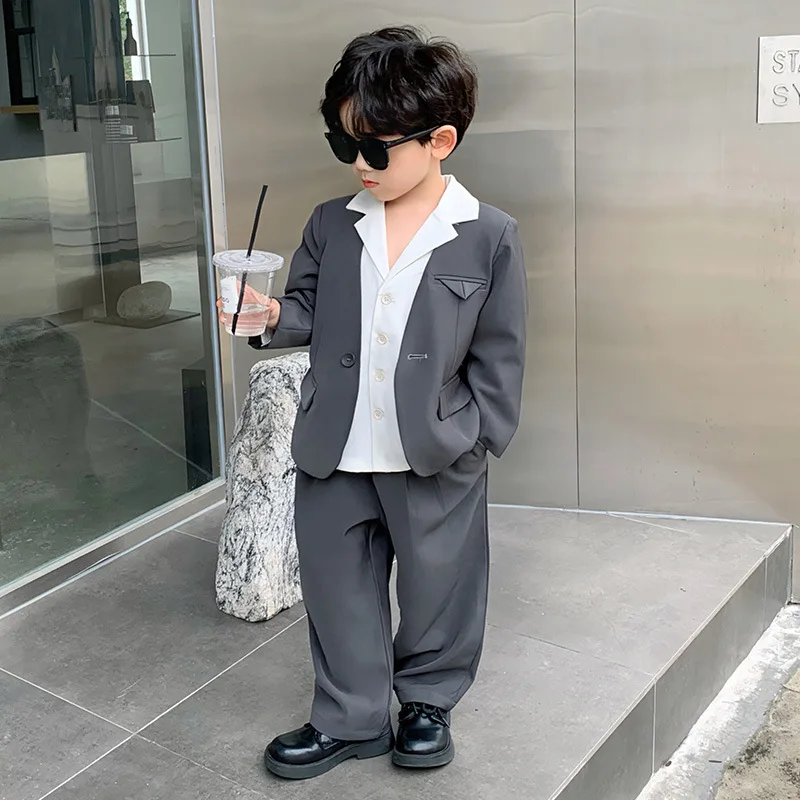 Boys Suit Solid Casual Kids Birthday Costumes Grey 2 Pcs Children's Performance Clothes Set Infant Wedding Formal 2 To 12 Years