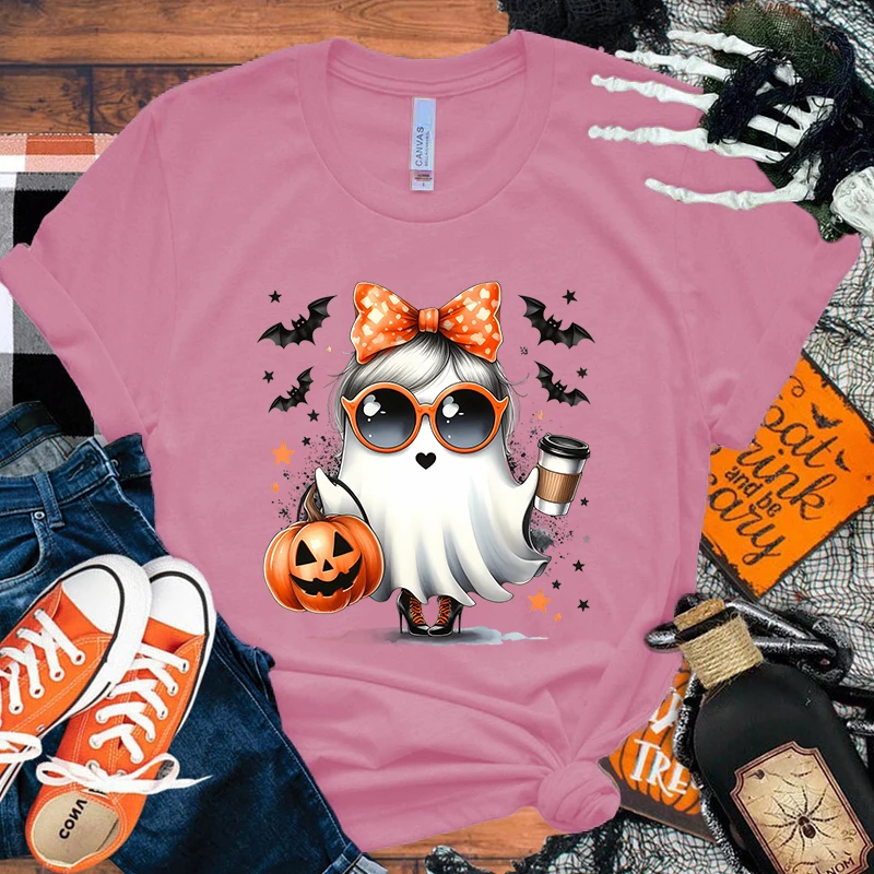 الرجال والنساء هالوين اليقطين بو طباعة تي شيرت ، عارضة الرسم تي شيرت ، قصيرة الأكمام ، جولة الرقبة القمصان ، مضحك ، الصيف