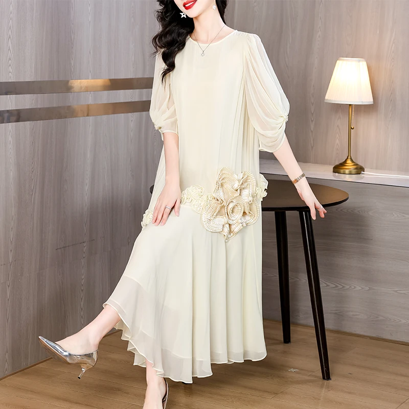 SuperAen 2025 Summer New Silk O Neck Oversize Long Dress for Women