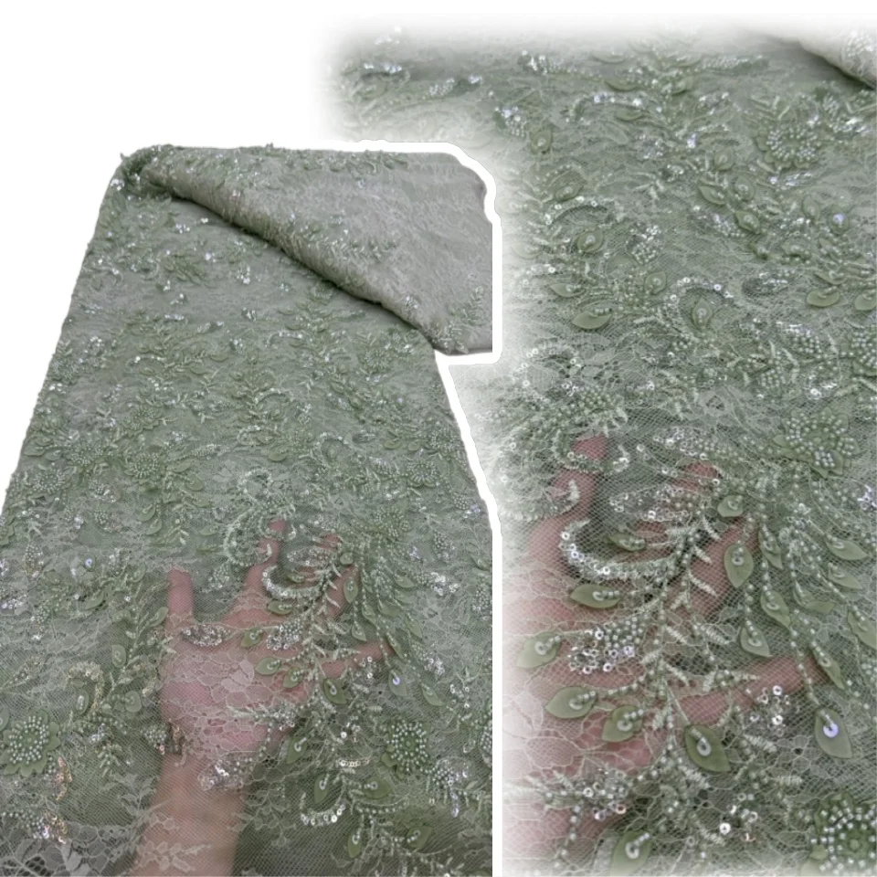 

Latest Nigerian Sequins Lace Fabric Heavy Hand Beaded Lace Fabric Luxury French Embroidery Beads Lace Fabric For Wedding SZ1159