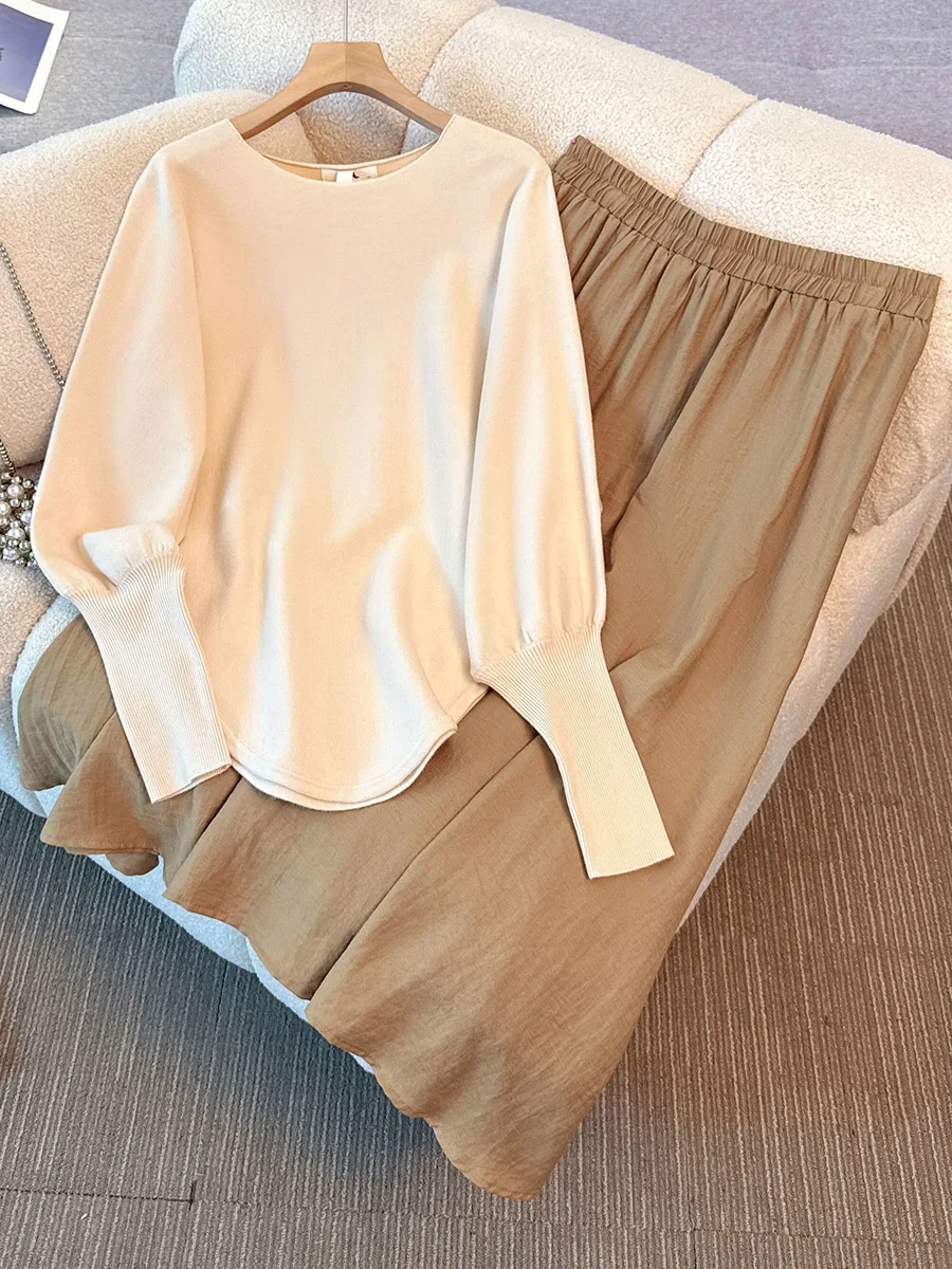 

150Kg Plus Size Women's Bust 140 Spring Autumn Winter Batsleeves Knitted Sweater Top Skirt Set 5XL 6XL 7XL 8XL 9XL