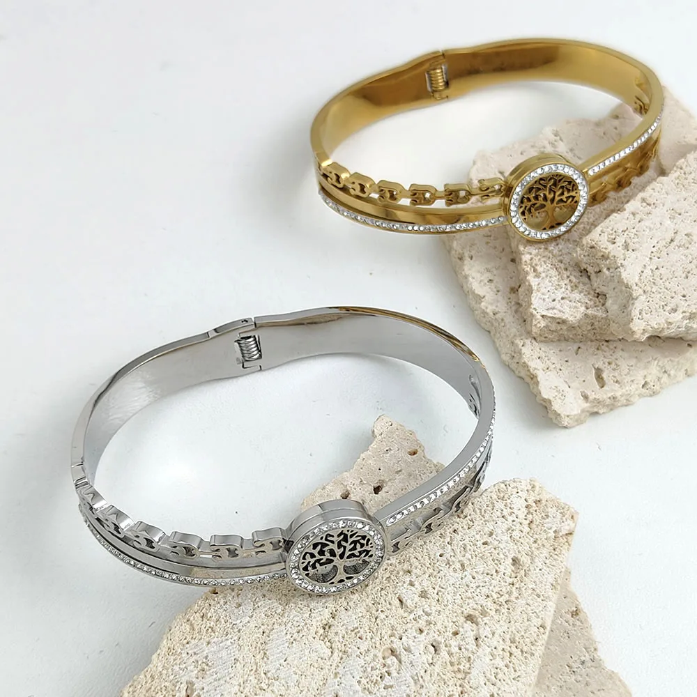

New Tree of Life Horseshoe Stainless Steel Gold Plated 18K Bracelet, High Quality Waterproof Silver Jewelry, Gift for Couples