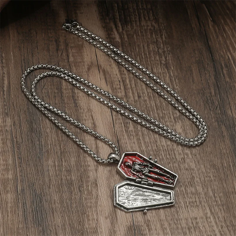 

Hallowee Bat Cross Open Box Coffin Casket Red Enameled Vampire Pendent Charm Necklace Vintage Punk Cool Jesus Jewelry Gift