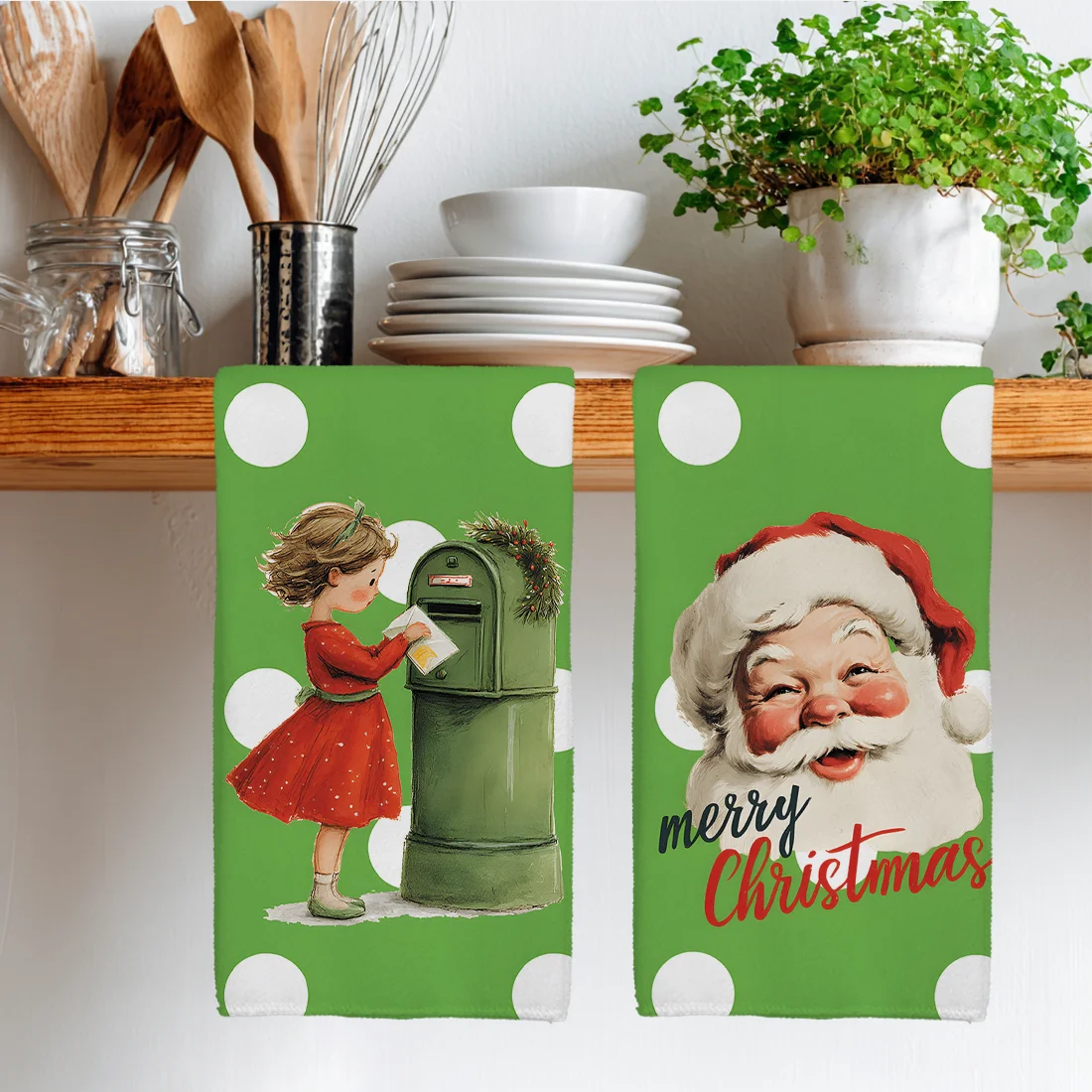 

2PCS Vintage Green Polka Dot Santa Claus Kitchen Towels Dish Towel Dish Cloths Holiday for Kitchen Christmas Decor 40x60cm