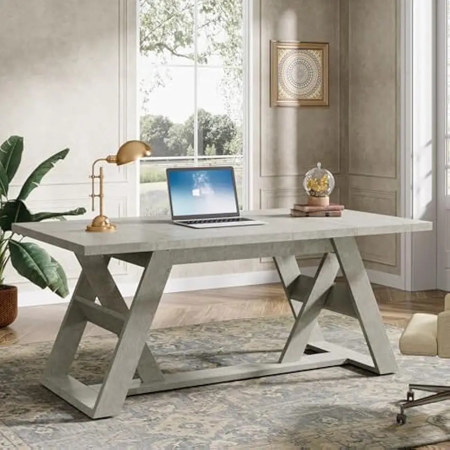 Executive Desk Farmhouse Home Office Double X-Shaped Base 70.9