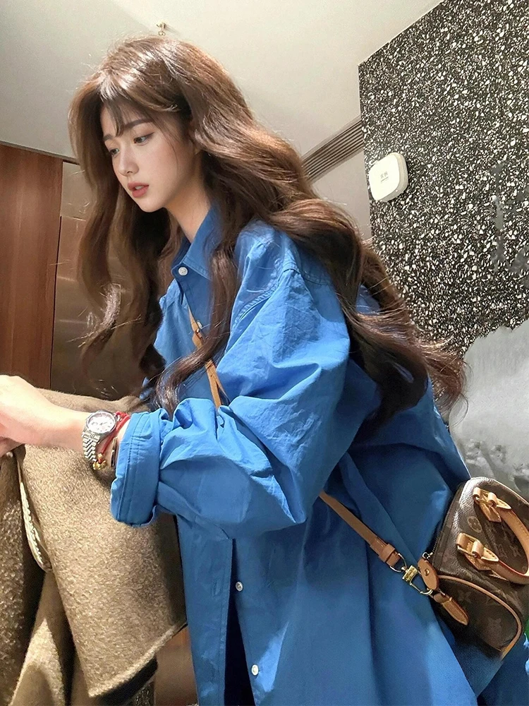 

Blue Casual Loose Women's Shirt Vintage Spring New Style Versatile Super Beautiful Coat Jacket FYH632 Pure Color Button Design