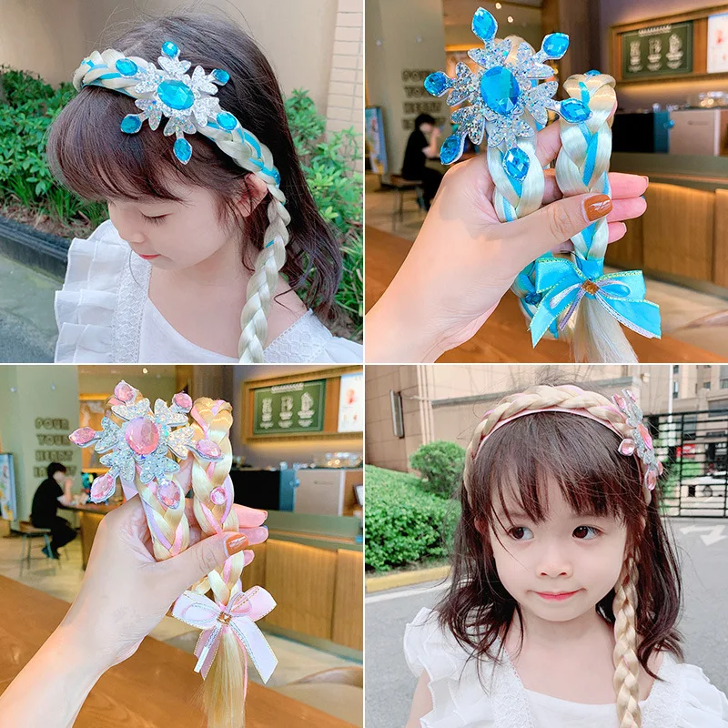 Princess Dress up Wigs Headband Princess Rapunzel Long Braided Wig Headbands with Snowflake for Girls Kids Costume Accessories