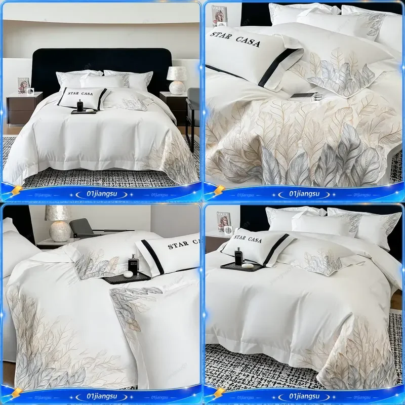 100s Egyptian Cotton Satin Bedding Set Embroidered Luxury Sheet Pillowcase Duvet Cover Home Textile Soft Breathable Bed Linen
