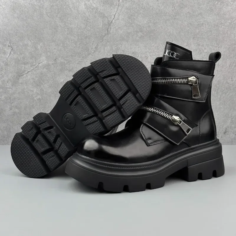 Thick Sole Men Boots Fashion Platform High Top Casual Sneakers for Men Trend Design Short Motorcycle Boots Men Black Shoes