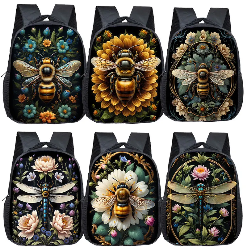 Mochila con estampado de abeja de miel dorada para niños y niñas, bolsa con estampado de flores, Libélula de fantasía, 12 pulgadas, regalo