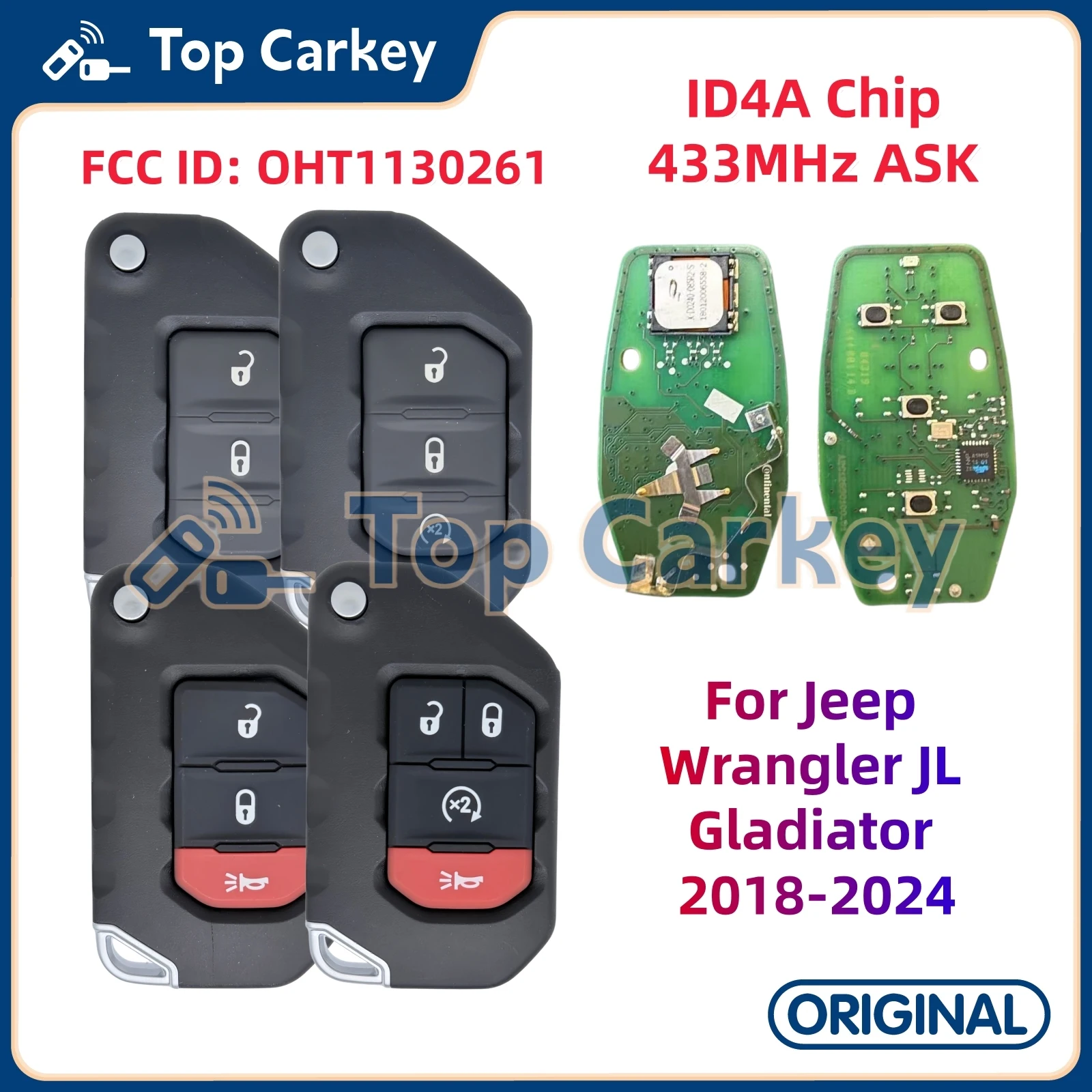 TopCarkey OHT1130261 Original PCB ID4A PCF7939M Chip 433MHz Flip Remote Key for Jeep Wrangler JL Gladiator 2018-2024