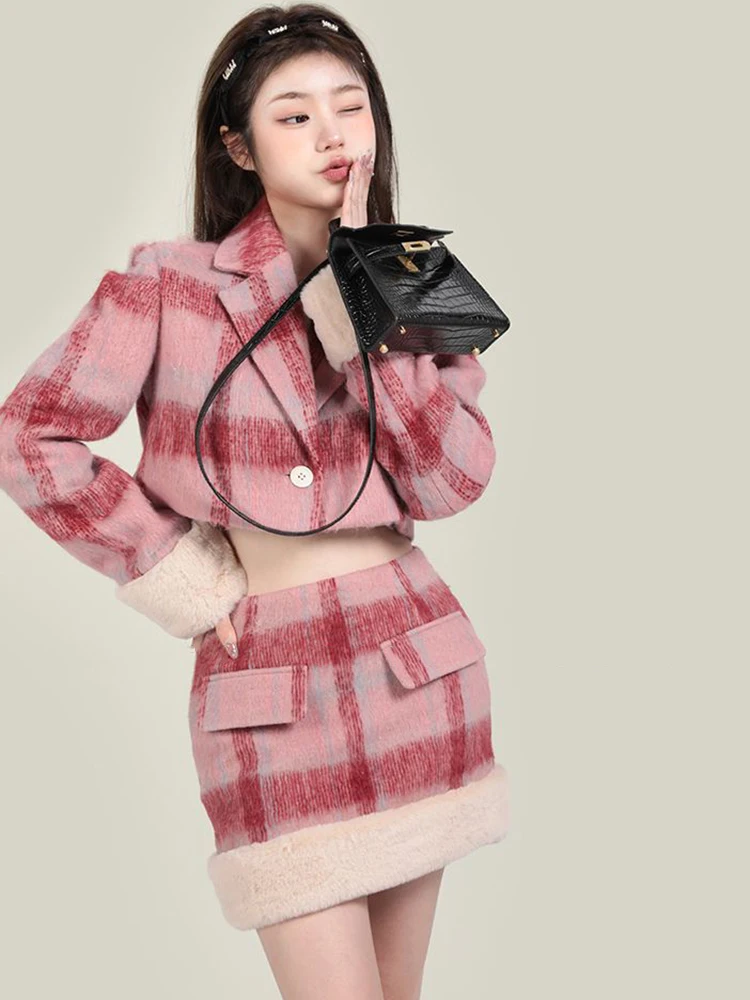 KBAT 2023 Spring Harajuku Streetwear Two-Piece Set High Waist Punk Skirts Women Short Woolen Jacket Female Plaid Outwear