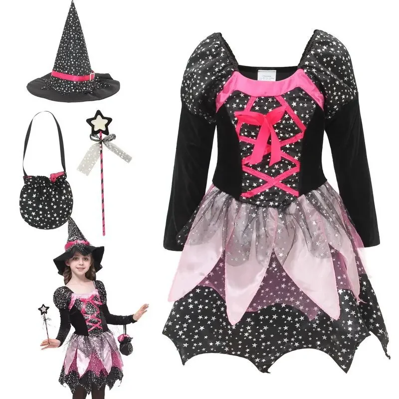 Mädchen Glitzer-Stern-Hexenkleid mit Langen Ärmeln, Unregelmäßigem Netzstoff und Vollständigem Zubehör für Halloween-Partys und Kinder-Cosplay – Detail 5