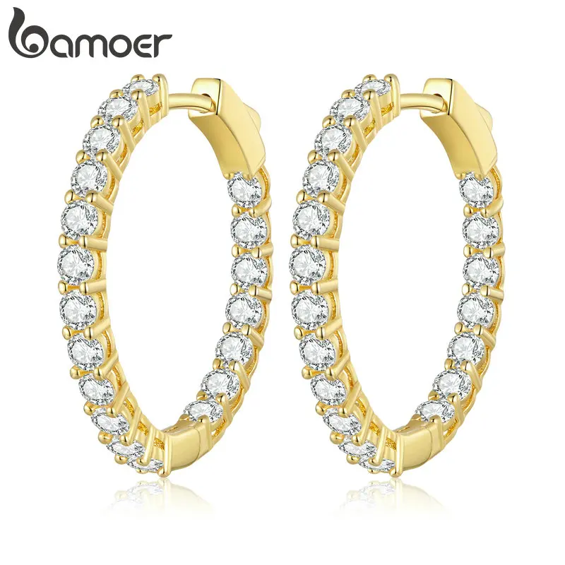 Bamoer Luminous Cubic Zirconia Ear Buckles Classic Round Hoop Earrings for Women Birthday Gift Hyperbole Earrings Jewelry