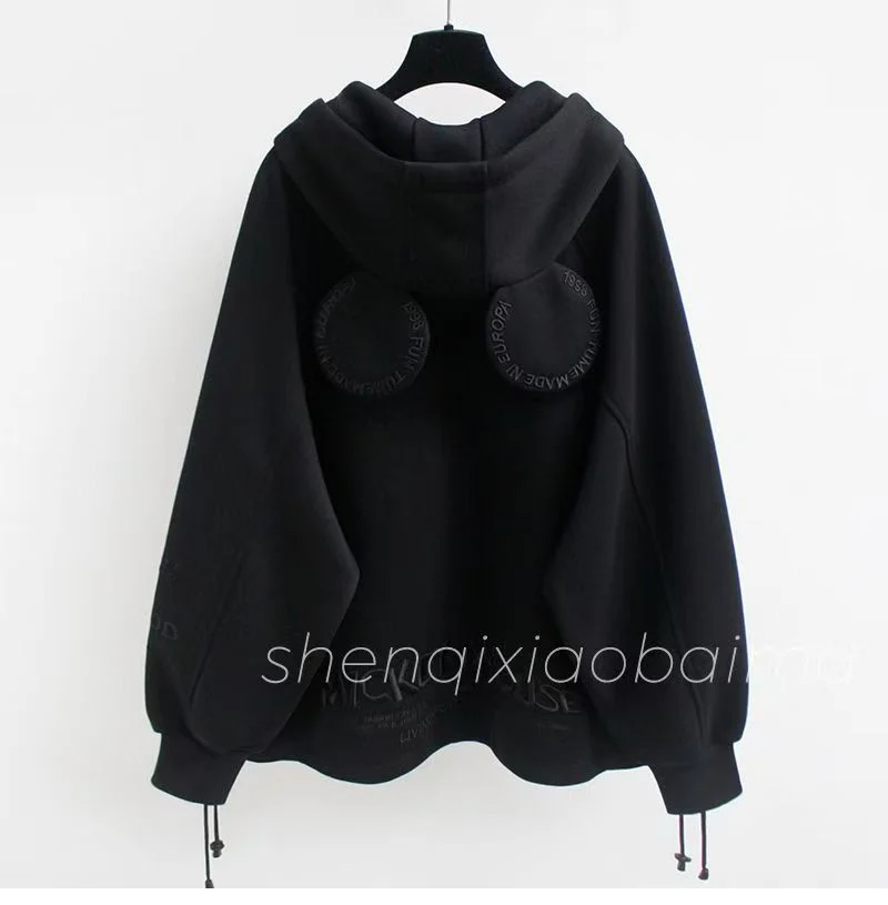Plus Velvet Padded Sweater Hooded Coat 2026 Female Joker Winter New Mickey Heavy Lndustries Embroidered Letters Zipper Coat Tide