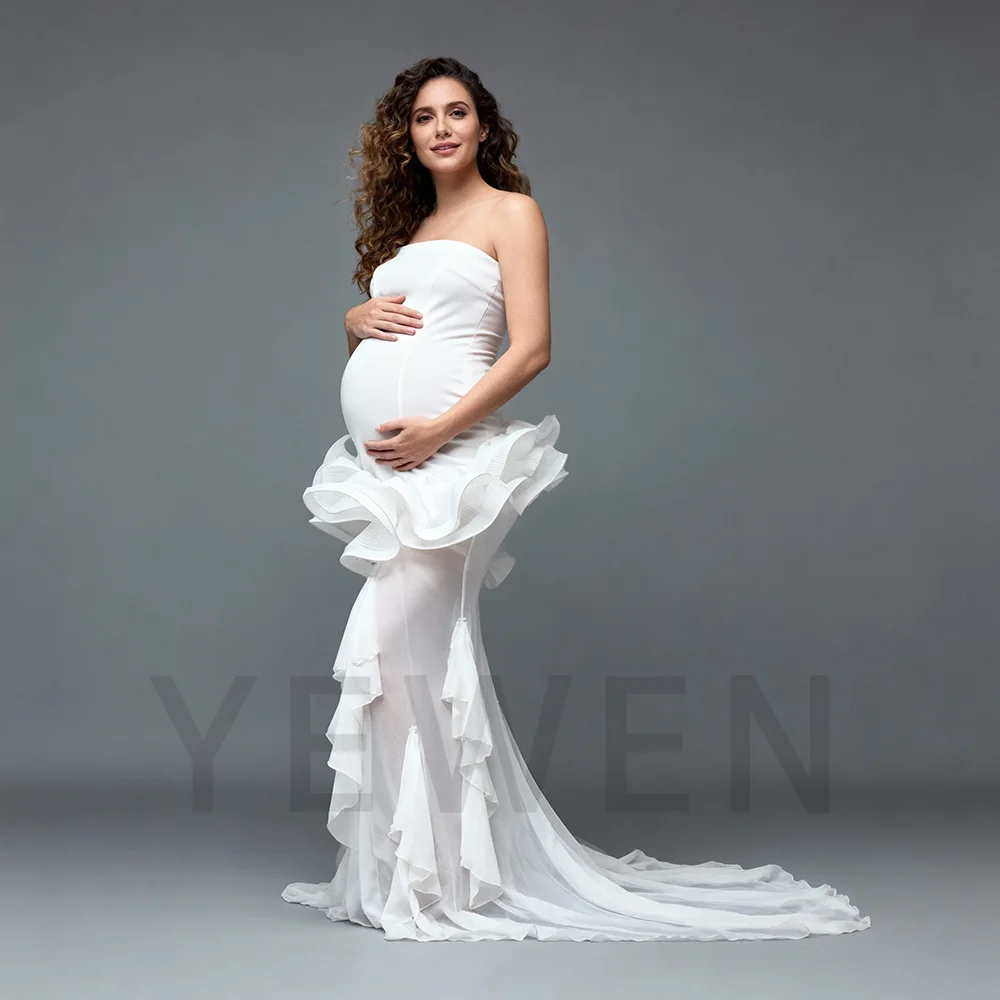 Abiti da Maternità Senza Spalline Stile Sirena Bianchi per Servizi Fotografici Unici in Spandex per Fotografia di Gravidanza