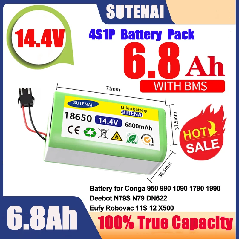 

14.4V 6.8Ah Li-ion battery for Cecotec Conga Excellence 950 990 1090 Ecovacs Deebot DN621 601/605 Eufy RoboVac 35C Panda i7 V710