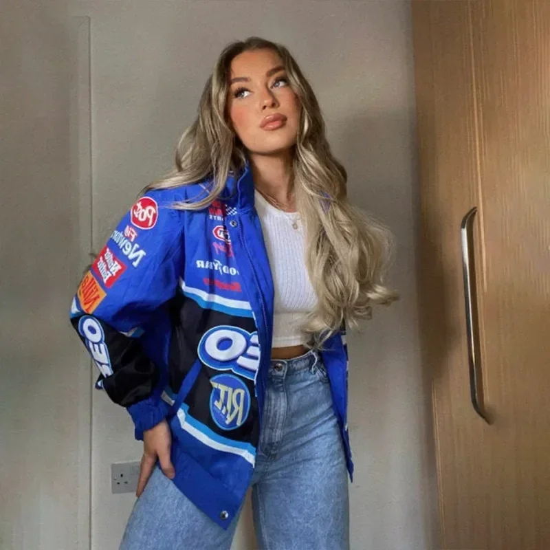 

Yaminiya Spring Women Jacket Long Sleeve Racing Baseball Jacket Varsity Blue Printed Casual Loose Coat Motorcycle Jacket 2024