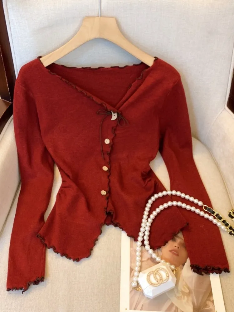 

Red Thiened V-Ne Irregular Knitted Sweater Women's Autumn Winter Slimming Top Korean Sle Commute Faion Long Sve