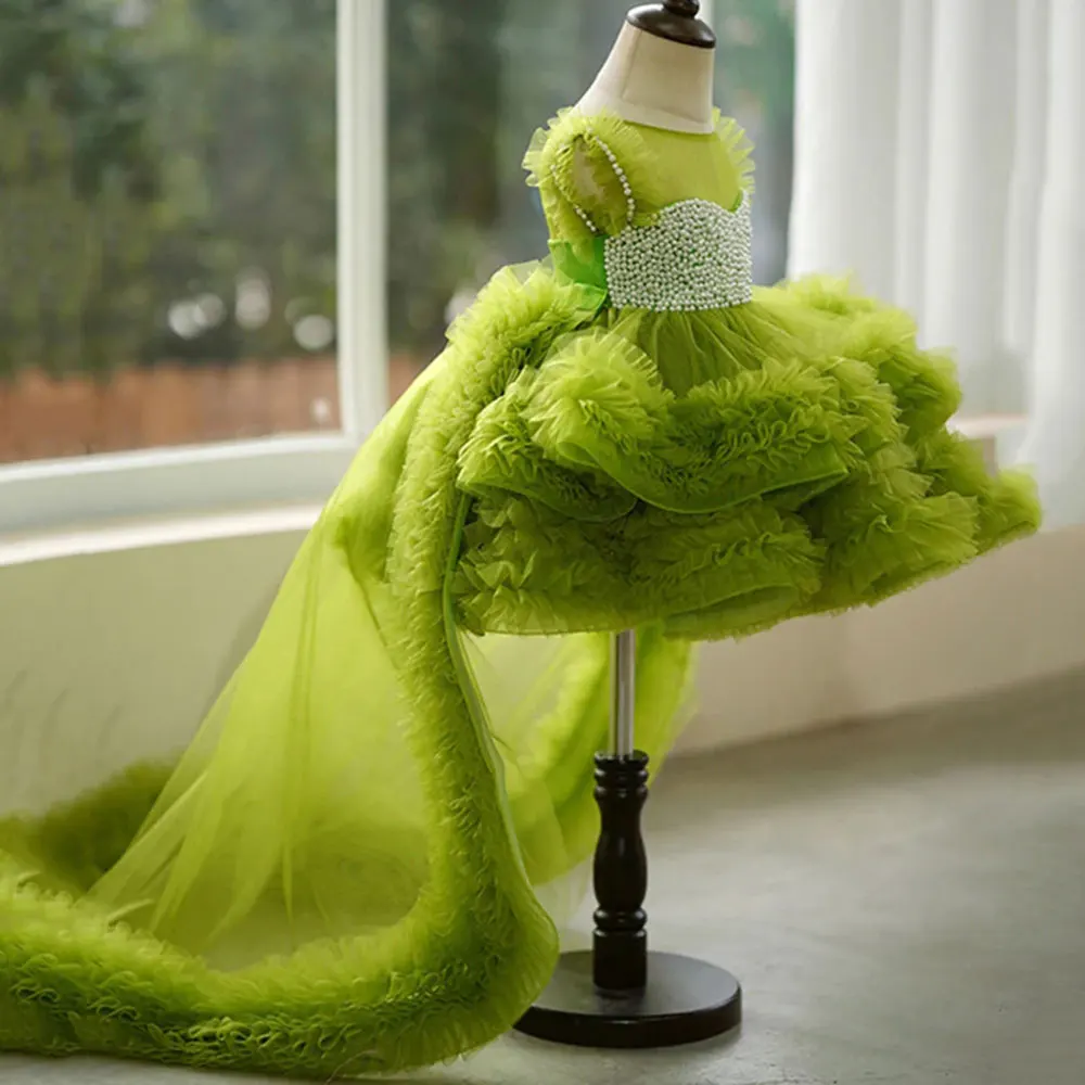 Vestido de niña de flores verdes 2024 para boda, tul en capas hinchado con perlas, fiesta de cumpleaños para bebés y niños, vestidos de primera comunión