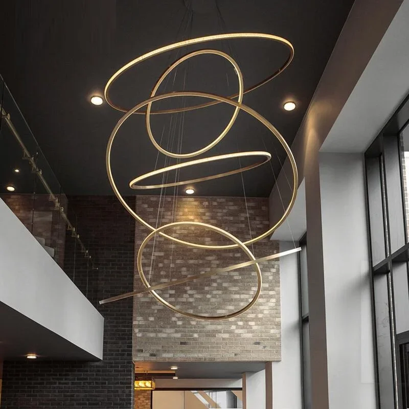 

Golden luxury dining room lamp duplex villa staircase large chandelier circular ring-shaped high living room lamps