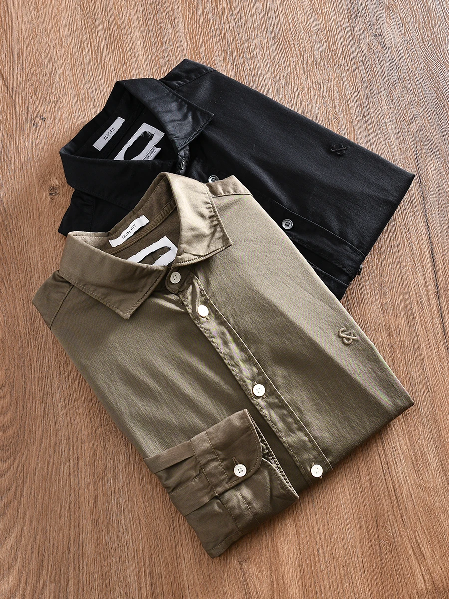 

Comfortable Washed Cotton Long Sleeve Embroidered Casual Shirt for Men Breathable Spring Summer Fashion Standard Fit Youth