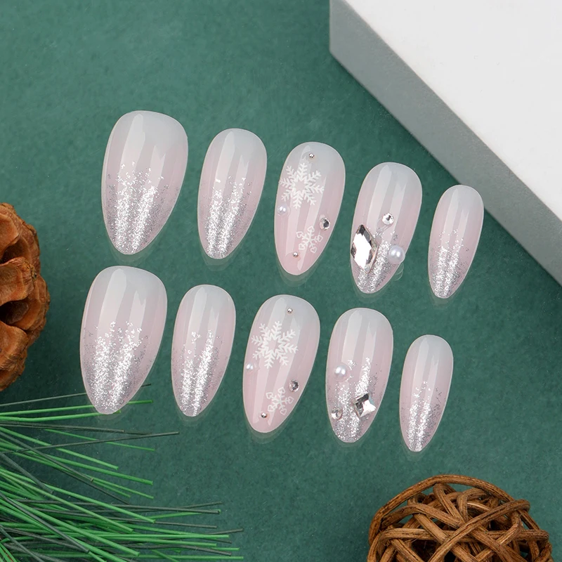 24Pcs French Glitter Christmas Press on Nail Snowflake Glitter Diamond Nude Color False Nails for Women&Girl Removable Nail